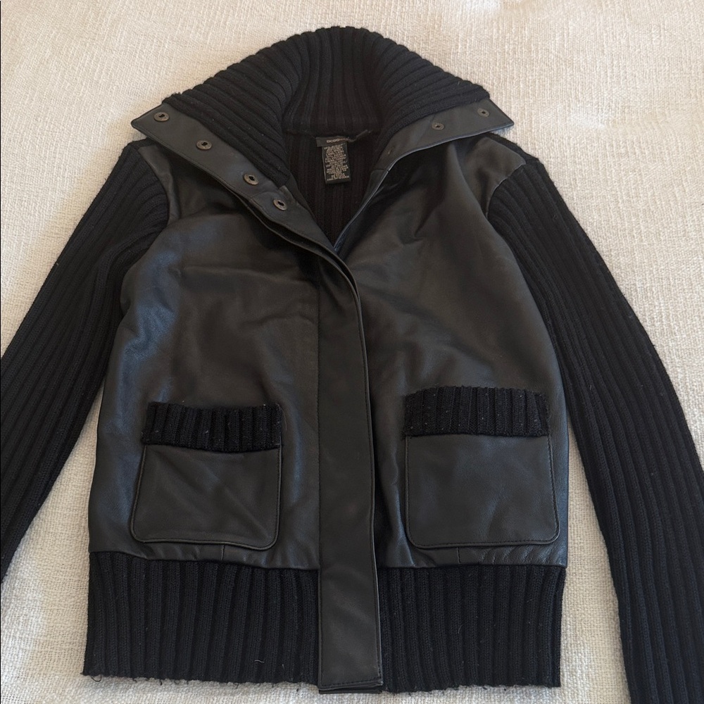 BCBGMaxAzria Black Leather Jacket with Ribbed Details